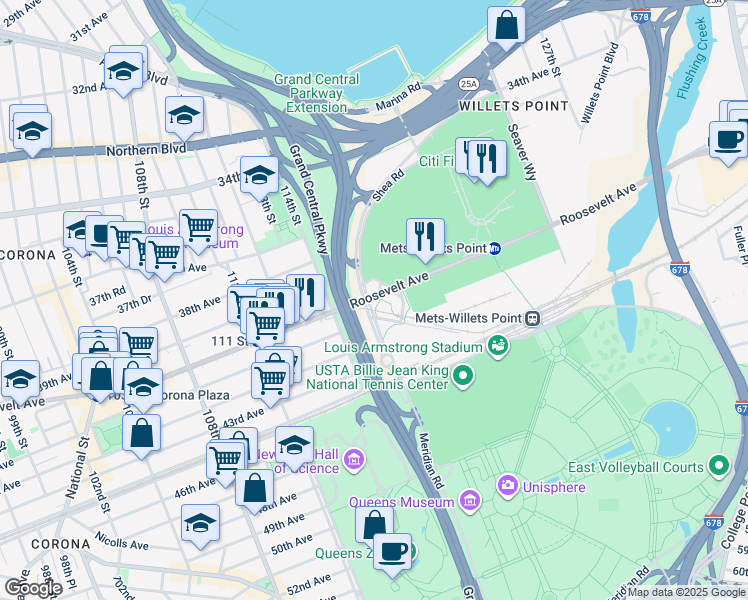 map of restaurants, bars, coffee shops, grocery stores, and more near 124 Roosevelt Avenue in Queens