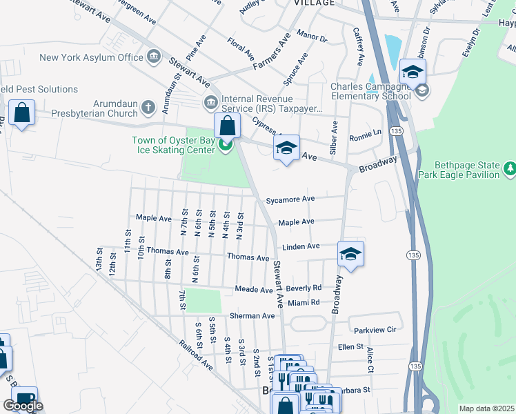 map of restaurants, bars, coffee shops, grocery stores, and more near 781 Stewart Avenue in Bethpage