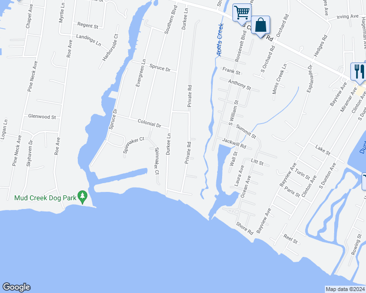 map of restaurants, bars, coffee shops, grocery stores, and more near 288 Private Road in Patchogue