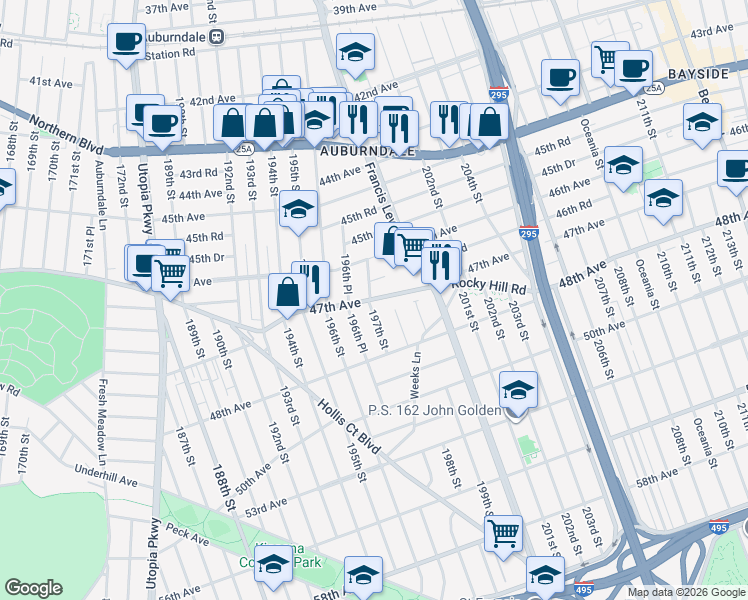 map of restaurants, bars, coffee shops, grocery stores, and more near 46-22 197th Street in Queens