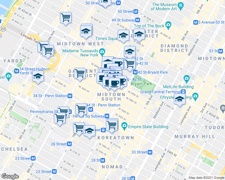 map of restaurants, bars, coffee shops, grocery stores, and more near Broadway & W 38th St in New York