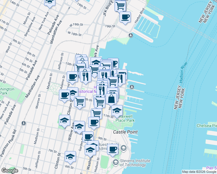 map of restaurants, bars, coffee shops, grocery stores, and more near 1315 Washington Street in Hoboken