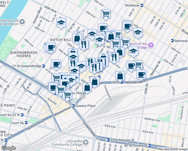 map of restaurants, bars, coffee shops, grocery stores, and more near 38-28 30th Street in Queens