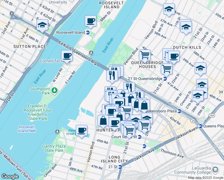 map of restaurants, bars, coffee shops, grocery stores, and more near 42-25B Vernon Boulevard in Queens