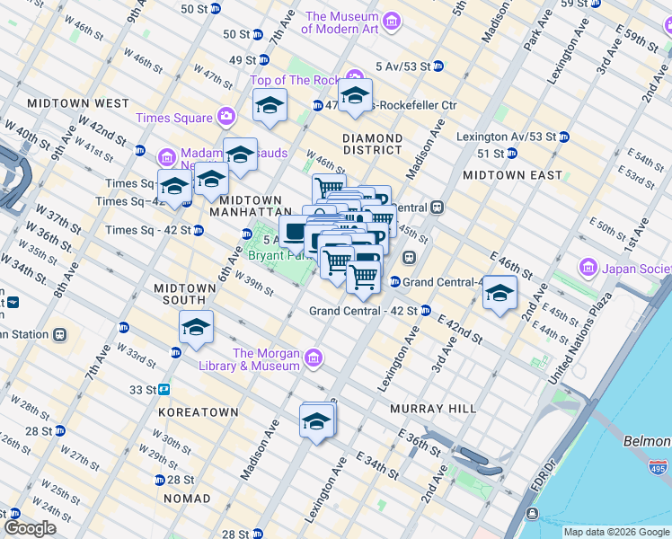 map of restaurants, bars, coffee shops, grocery stores, and more near 505 5th Avenue in New York