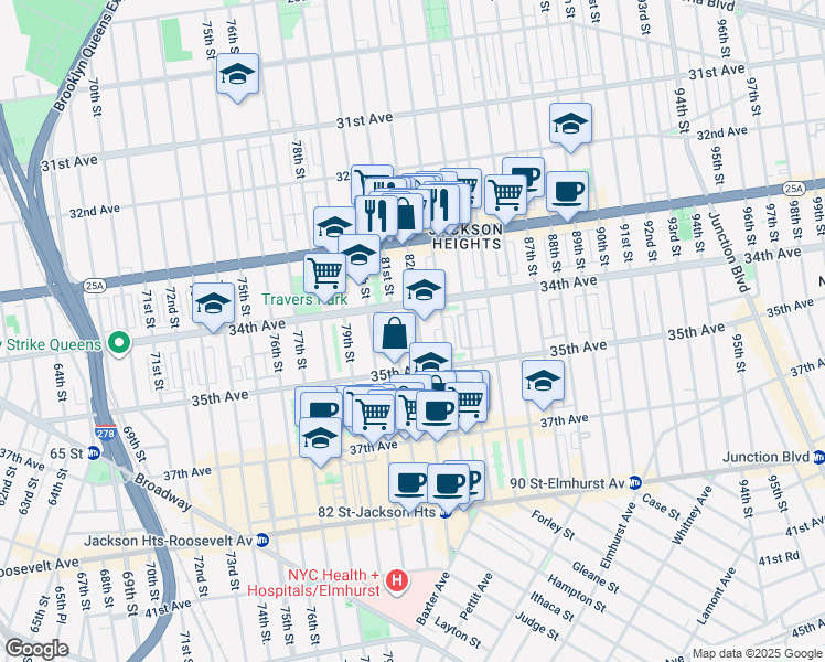 map of restaurants, bars, coffee shops, grocery stores, and more near 34-24 82nd Street in Queens