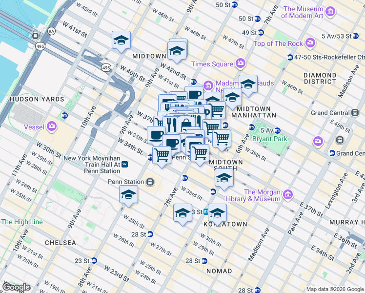 map of restaurants, bars, coffee shops, grocery stores, and more near 225 West 36th Street in New York