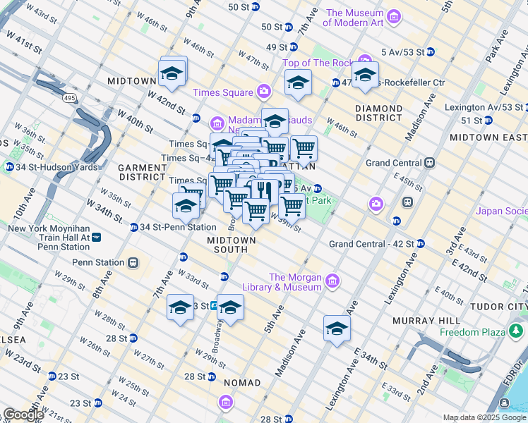 map of restaurants, bars, coffee shops, grocery stores, and more near 1039 6th Avenue in New York