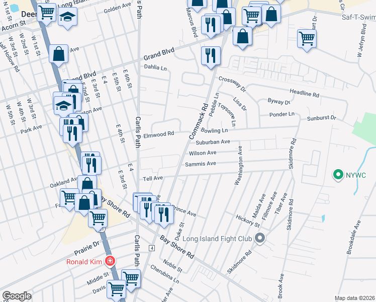 map of restaurants, bars, coffee shops, grocery stores, and more near 308 Commack Road in Deer Park
