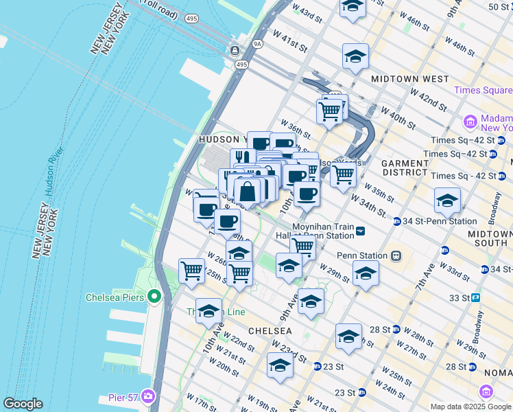 map of restaurants, bars, coffee shops, grocery stores, and more near 525 West 30th Street in New York