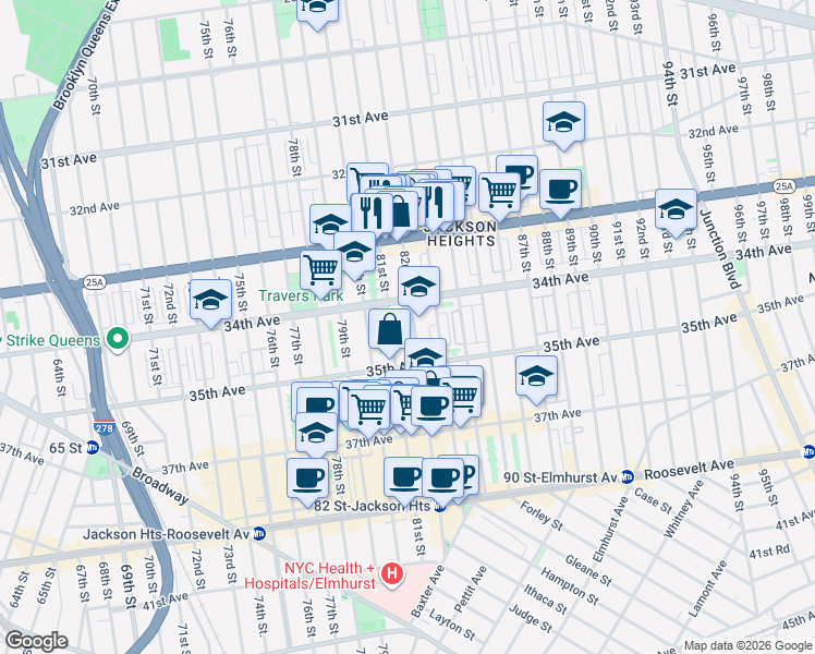 map of restaurants, bars, coffee shops, grocery stores, and more near 81-14 34th Avenue in Queens