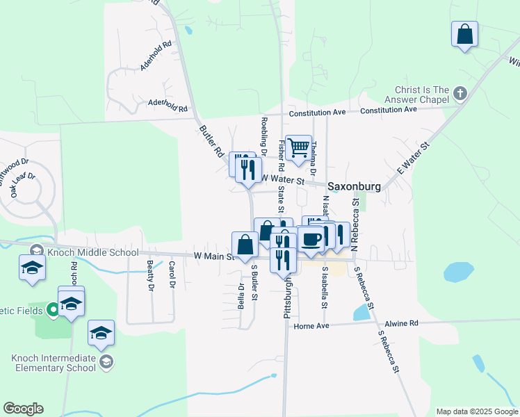 map of restaurants, bars, coffee shops, grocery stores, and more near 180 Butler Street in Saxonburg