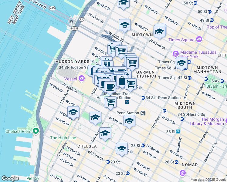 map of restaurants, bars, coffee shops, grocery stores, and more near 400 West 33rd Street in New York
