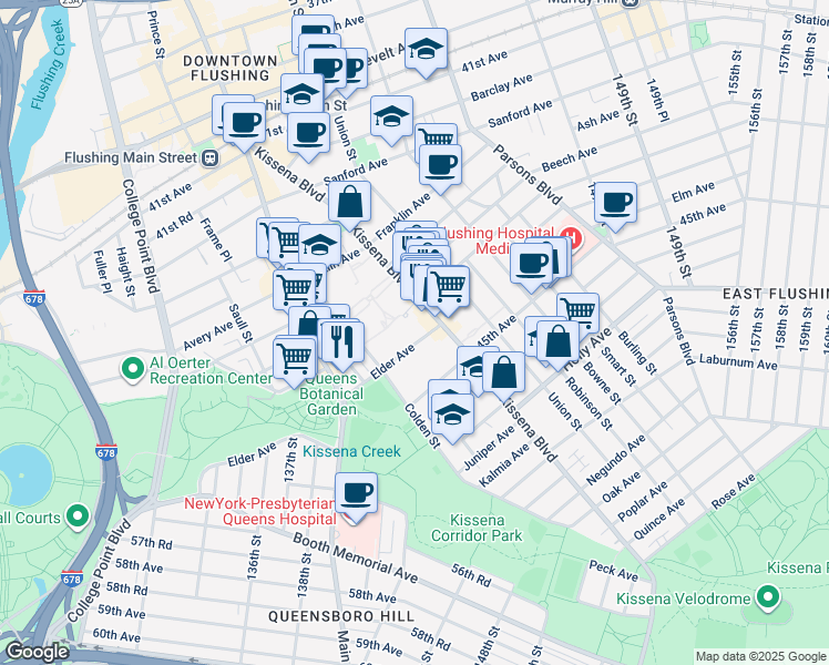 map of restaurants, bars, coffee shops, grocery stores, and more near 138-49 Elder Avenue in Queens