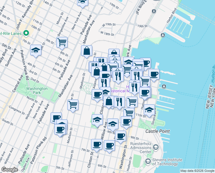 map of restaurants, bars, coffee shops, grocery stores, and more near 352 13th Street in Hoboken