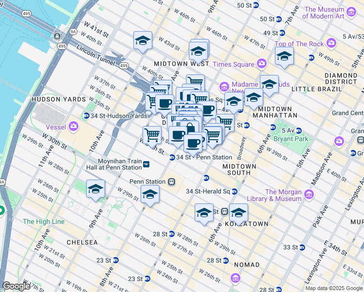 map of restaurants, bars, coffee shops, grocery stores, and more near 500 8th Avenue in New York