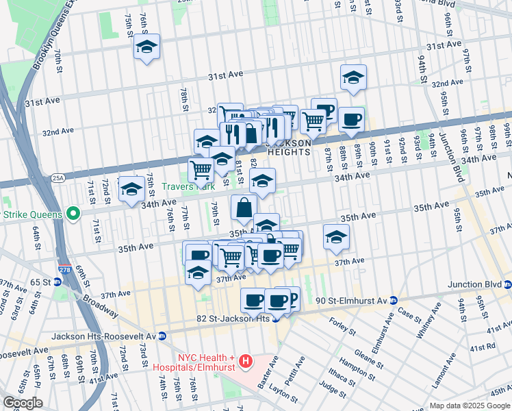 map of restaurants, bars, coffee shops, grocery stores, and more near 34-24 82nd Street in Queens