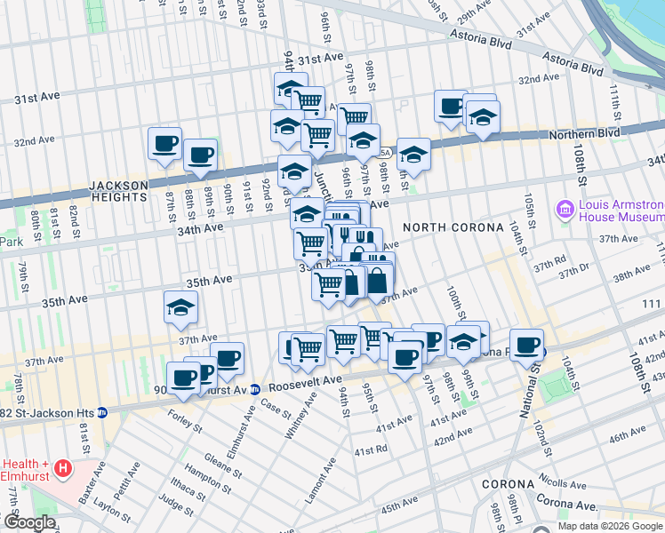 map of restaurants, bars, coffee shops, grocery stores, and more near 35-8 95th Street in Queens