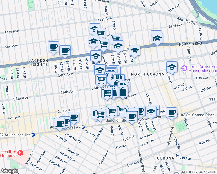 map of restaurants, bars, coffee shops, grocery stores, and more near 34-62 Junction Boulevard in Queens