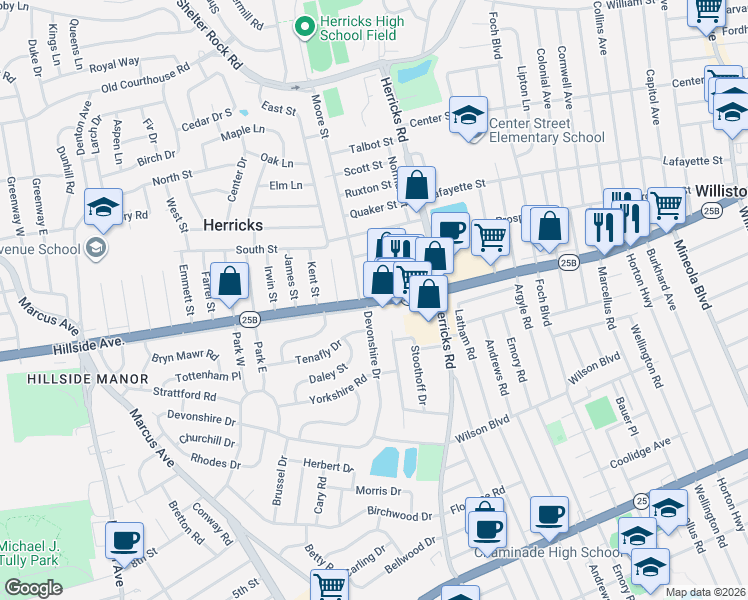map of restaurants, bars, coffee shops, grocery stores, and more near 1305 Hillside Avenue in New Hyde Park