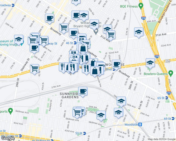map of restaurants, bars, coffee shops, grocery stores, and more near 42 in Queens