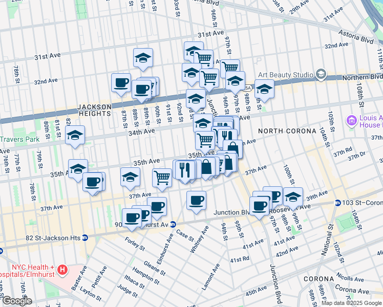 map of restaurants, bars, coffee shops, grocery stores, and more near 92-11 35th Avenue in Queens