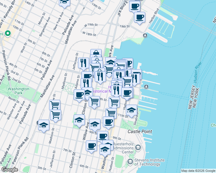 map of restaurants, bars, coffee shops, grocery stores, and more near 201 14th Street in Hoboken