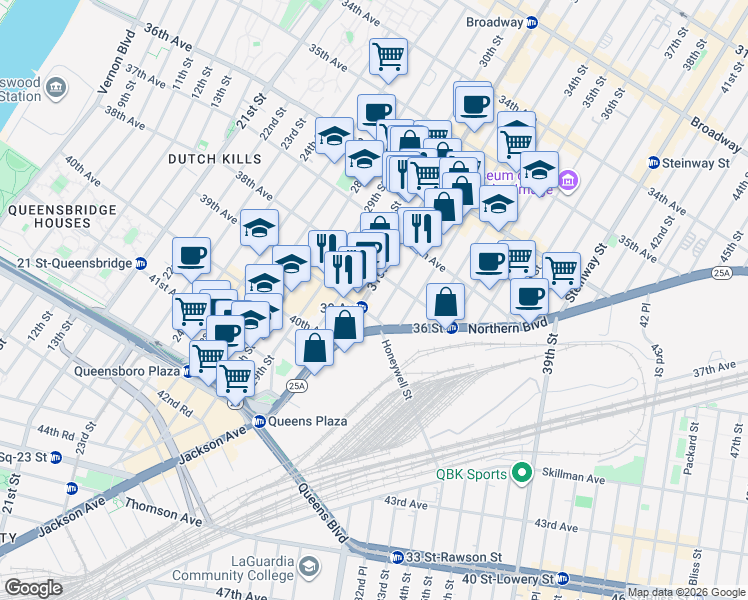 map of restaurants, bars, coffee shops, grocery stores, and more near 38-25 31st Street in Queens