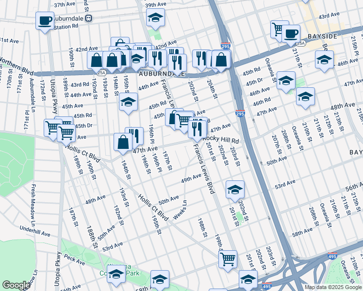 map of restaurants, bars, coffee shops, grocery stores, and more near 198-15 47th Avenue in Queens