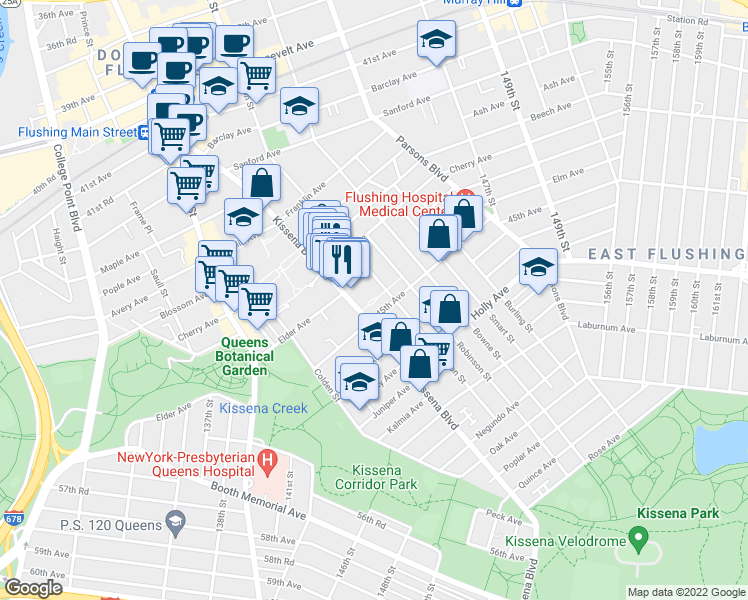 map of restaurants, bars, coffee shops, grocery stores, and more near 43-24 Union Street in Queens