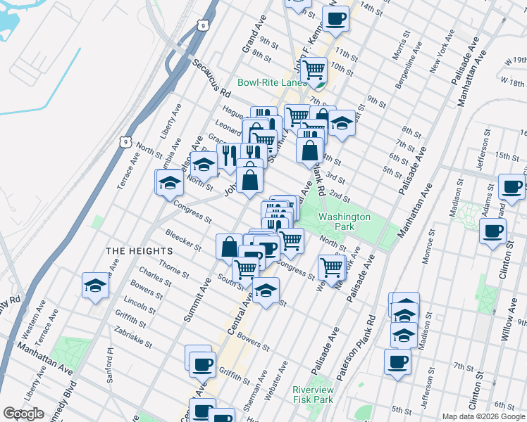 map of restaurants, bars, coffee shops, grocery stores, and more near 34 Irving Street in Jersey City