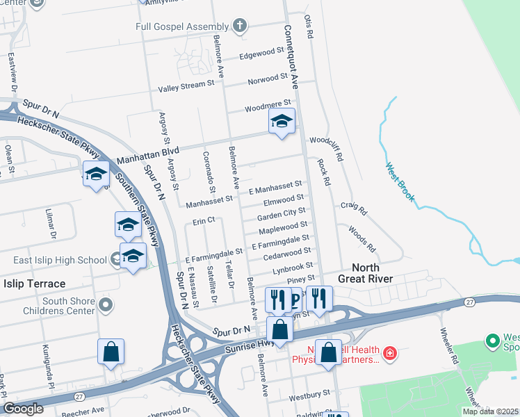 map of restaurants, bars, coffee shops, grocery stores, and more near 400 Elmwood Street in Islip Terrace