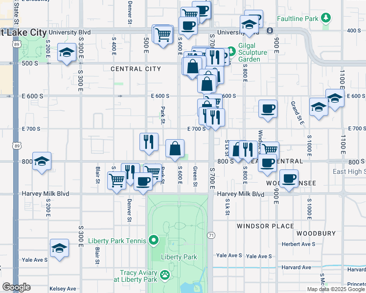 map of restaurants, bars, coffee shops, grocery stores, and more near 745 South 600 East in Salt Lake City