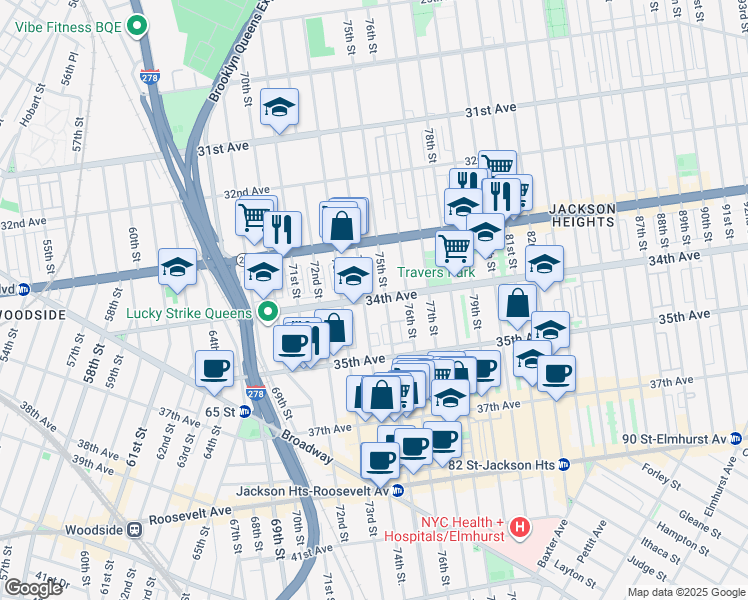map of restaurants, bars, coffee shops, grocery stores, and more near 33-47 75th Street in Queens