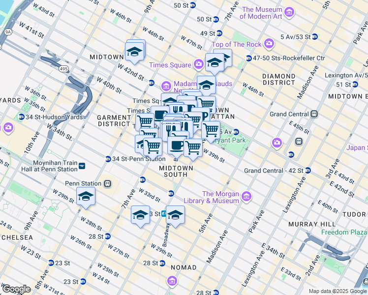 map of restaurants, bars, coffee shops, grocery stores, and more near 1407 Broadway in New York