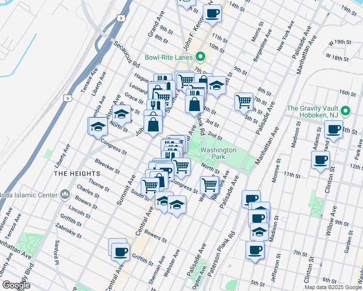 map of restaurants, bars, coffee shops, grocery stores, and more near 551 Central Avenue in Jersey City