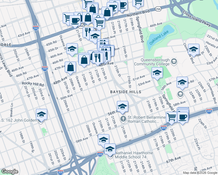 map of restaurants, bars, coffee shops, grocery stores, and more near 213-04 50th Avenue in Queens