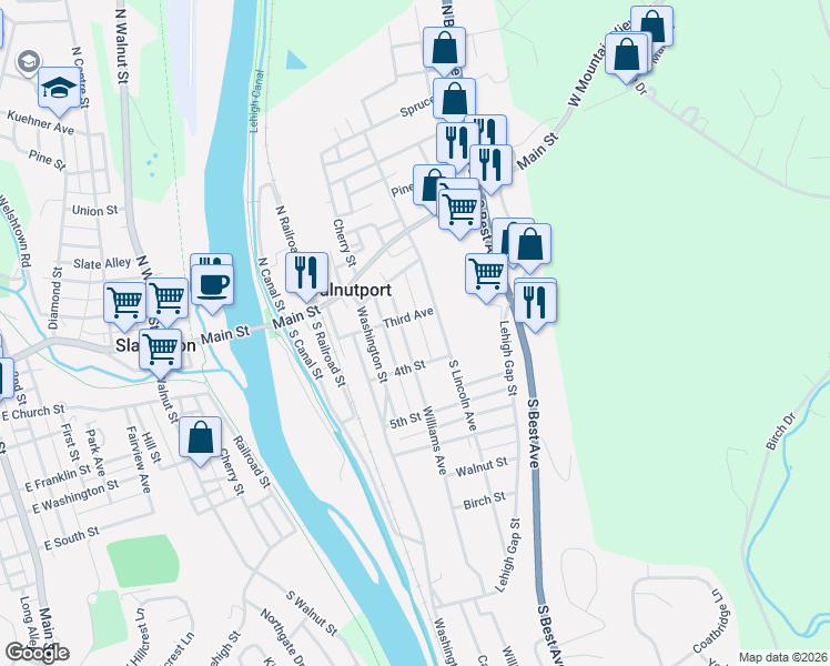 map of restaurants, bars, coffee shops, grocery stores, and more near 230 Third Avenue in Walnutport