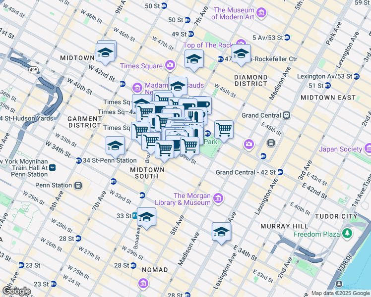 map of restaurants, bars, coffee shops, grocery stores, and more near 54 West 40th Street in New York
