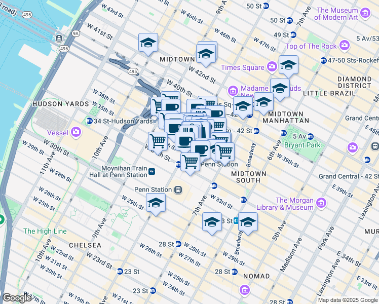 map of restaurants, bars, coffee shops, grocery stores, and more near 500 8th Avenue in New York