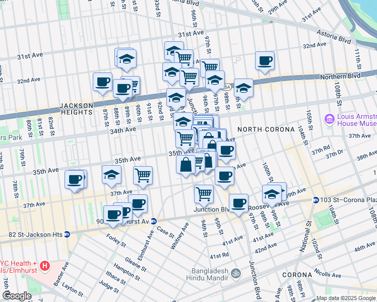 map of restaurants, bars, coffee shops, grocery stores, and more near 94th Street in Queens