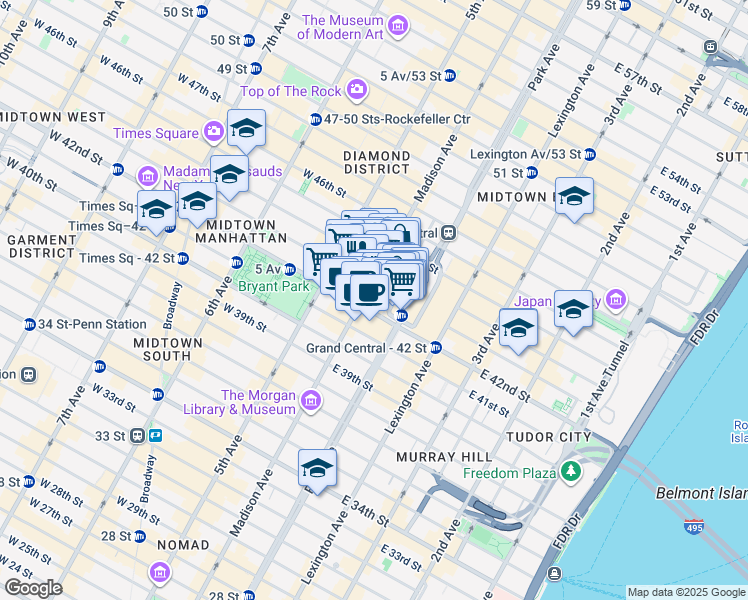 map of restaurants, bars, coffee shops, grocery stores, and more near 331 Madison Avenue in New York