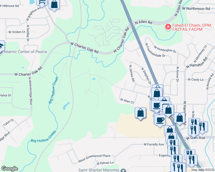 map of restaurants, bars, coffee shops, grocery stores, and more near 5411 North Big Hollow Road in Peoria