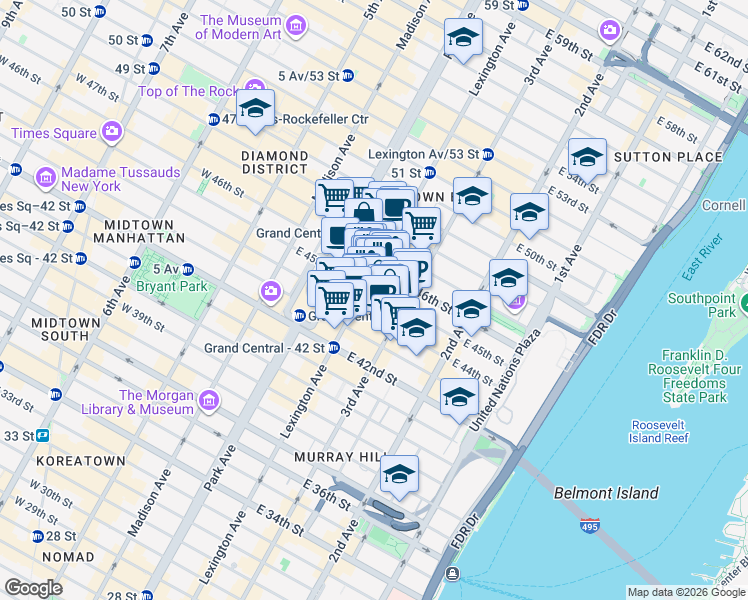 map of restaurants, bars, coffee shops, grocery stores, and more near 135 East 45th Street in New York