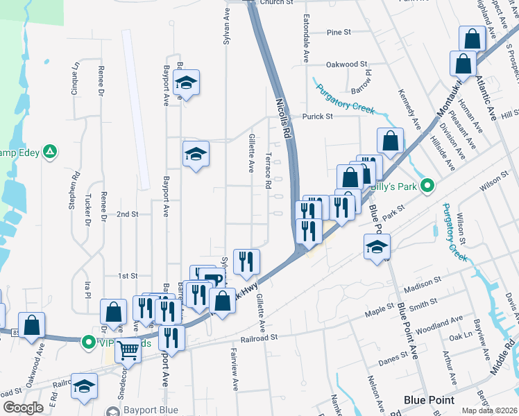 map of restaurants, bars, coffee shops, grocery stores, and more near 545 Gillette Avenue in Bayport