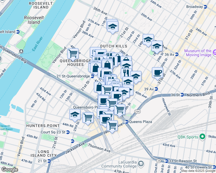 map of restaurants, bars, coffee shops, grocery stores, and more near 40-22 24th Street in Queens