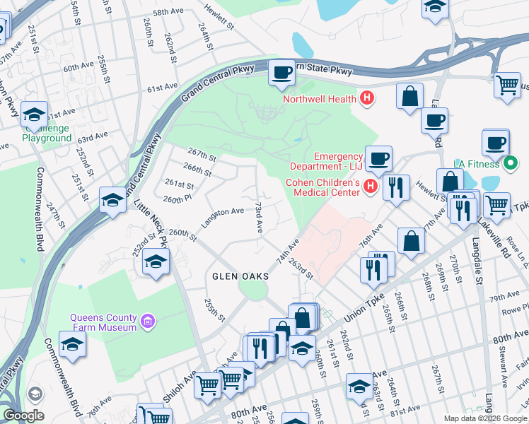 map of restaurants, bars, coffee shops, grocery stores, and more near 264-9 Langston Avenue in Queens