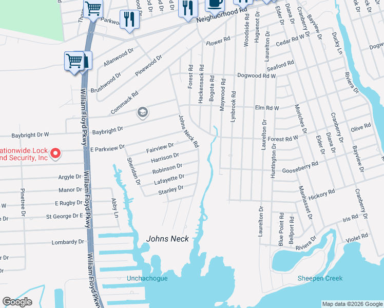 map of restaurants, bars, coffee shops, grocery stores, and more near 67 Johns Neck Road in Shirley