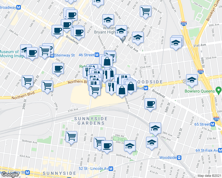 map of restaurants, bars, coffee shops, grocery stores, and more near 48 in Queens