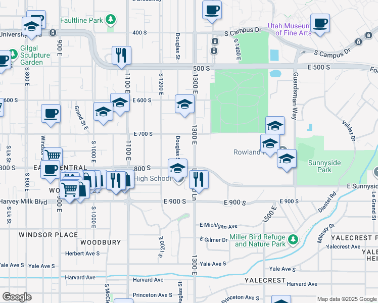 map of restaurants, bars, coffee shops, grocery stores, and more near 721 Douglas Street in Salt Lake City